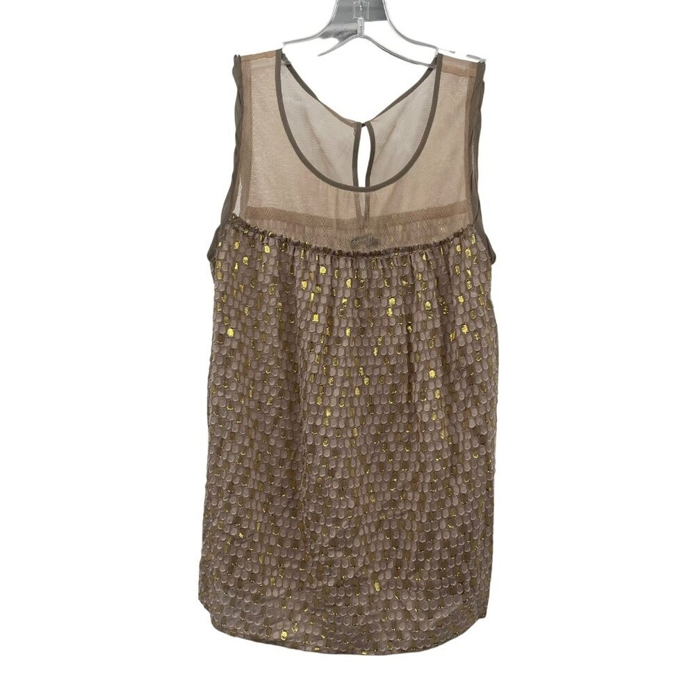 Broadway & Broome Womens Metallic Tan Top Mesh Neck Multicolor Size Small